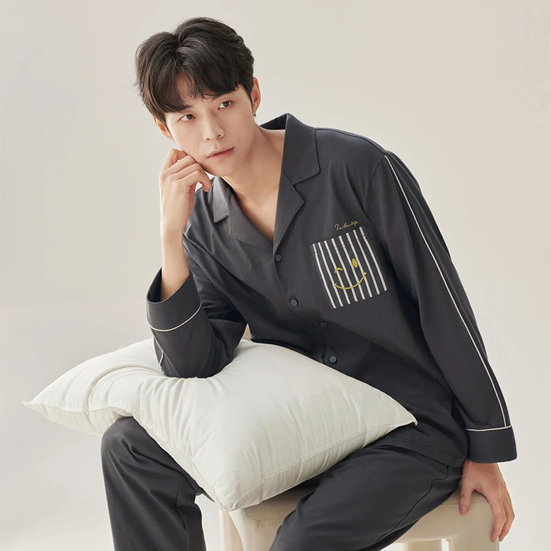 Anzhiban Pajamas Spring and Autumn Cotton Long sleeved Suit Men's Cotton Loose Leisure Can Be Worn Outside Also the Home Clothes