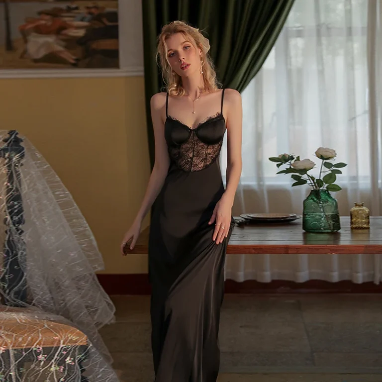 Appeal-V-neck-Solid-Color-Satin-Lace-Splice-Slip-Nightdress-Y-Underwear-Y-Pajamas