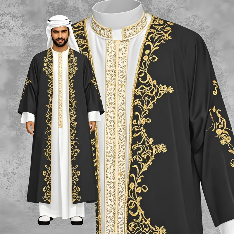 Arabic Emirati Thobe Men's Bisht Cloak Men Abaya Hand Embroidered Jubba Muslim Elegant Tunic Outside Robe