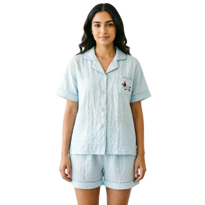 Asia Size M to 2XL Women's Sleepwear Set Lightweight Cloud Cotton Pajamas Cute Dog Embroider Short Sleeve Sets