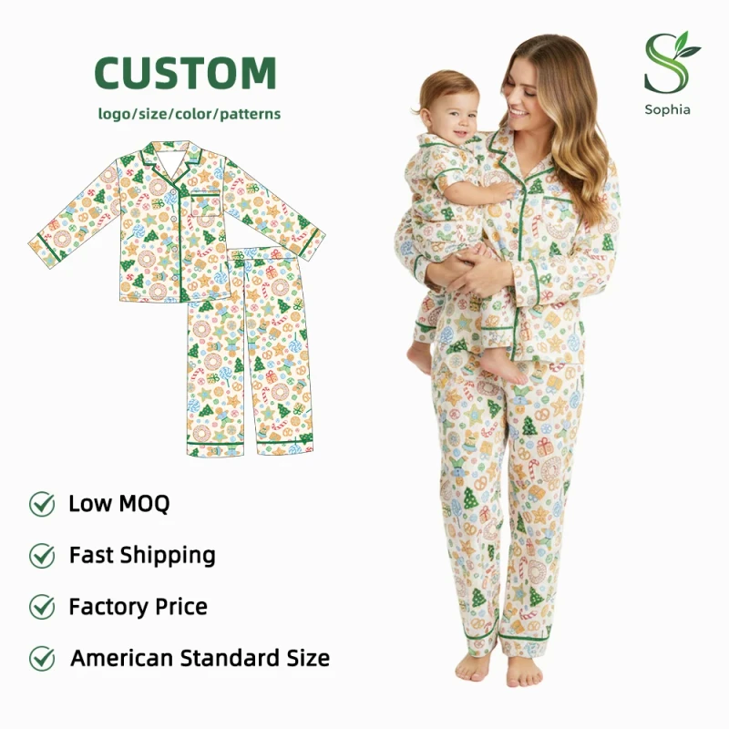 Attractive Style Family Matching Outfits Custom Print Mestery Box Baby Bamboo Children Pajama Clothes Set