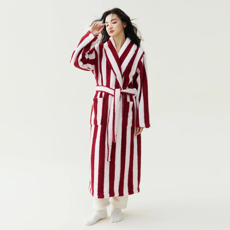 Autumn And Winter Thick Coral Fleece Robe for Men and Women Long Bathrobe Couple's Pajamas Anti static