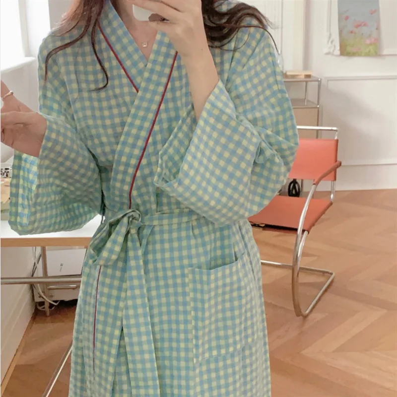 Autumn Collection Women's Korean Style Ins Bathrobe Long Kimono Pajamas Elastic Waist Breathable Solid Plaid Loungewear