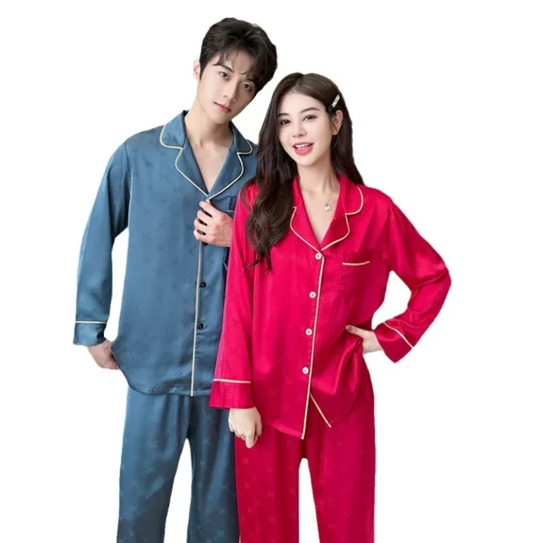 Autumn-Couple-Pajamas-Mens-Satin-Sleepwear-Solid-Color-Jacquard-Nightwear-Long-Sleeve-Trousers-Womens-Silk-Home-Set