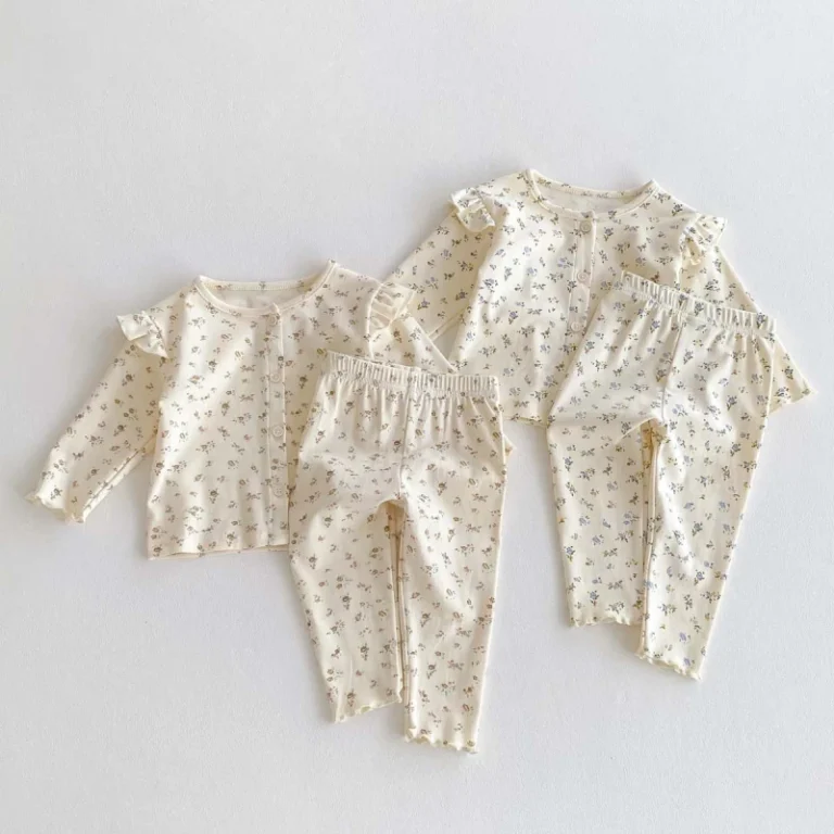 Autumn-Floral-Flying-Sleeve-Baby-Kids-Pajamas-Set