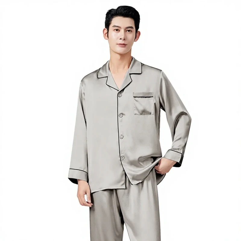 Autumn Men's 100% Mulberry Silk Breathable Solid Pajamas Loungewear Set 19 Momme