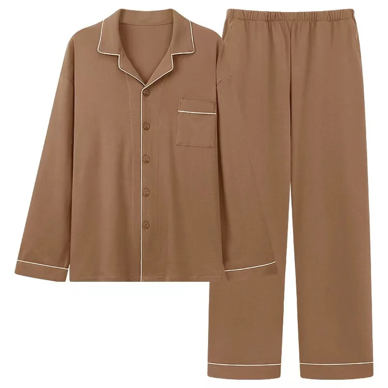 Autumn Men's 3XL Plus Size Cotton Pajamas Set Turn Down Collar Long Sleeve Trousers Breathable Sleepwear for Leisure Night Home