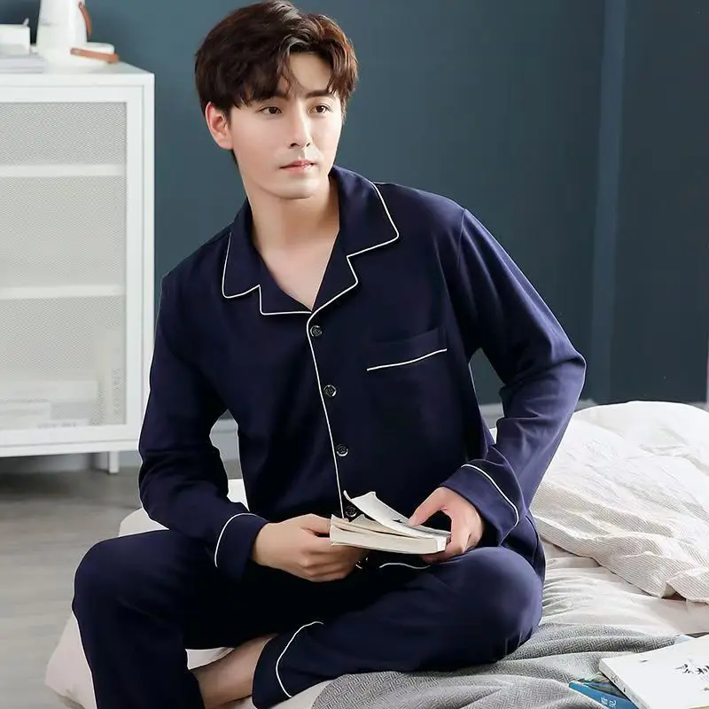 Autumn Men's Pyjama Two Piece Set Long sleeved Trousers Loungewear Loose Casual Sleepwear Lapel Cardigan Men Nightwear Pajamas