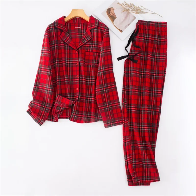 Autumn-Mens-and-Womens-Pajamas-Christmas-Couple-Sleepwear-Cotton-Red-Plaid-Loose-Plus-Size-Long-Sleeves-Nightgown