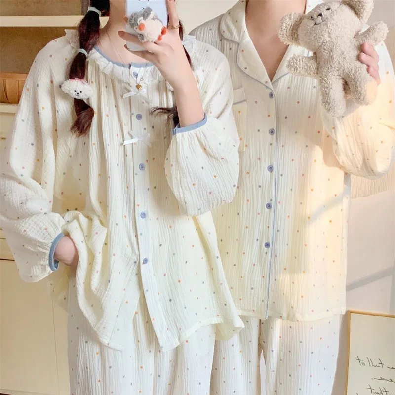 Autumn New Couple Pajamas Korean Style Loose Colorful Polka Dot Long Sleeve Cotton Gauze Casual Homewear Set for Women