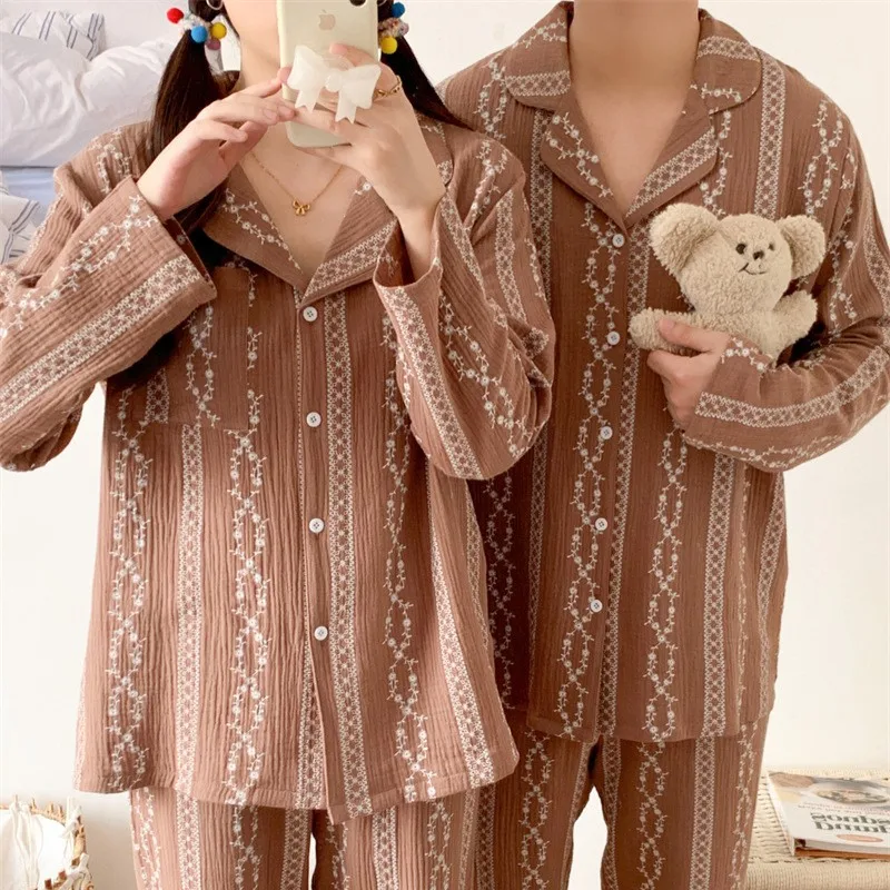 Autumn New Couple Pajamas for Women Korean Style Simple Floral Cotton Long Sleeve Casual Homewear Set