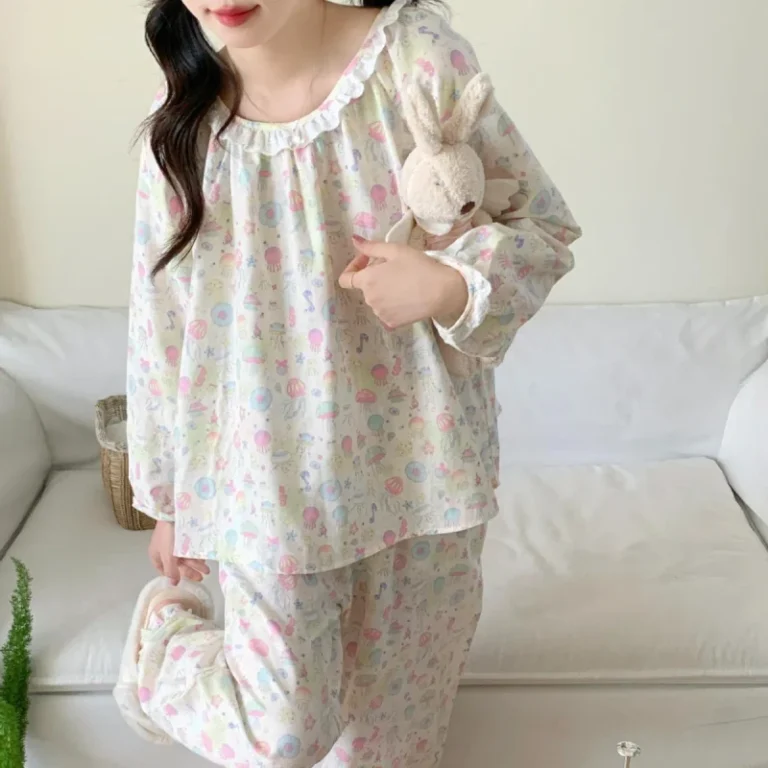 Autumn-New-Sweet-and-Cute-ins-Round-Neck-Double-Layer-Gauze-Cotton-Pajamas-Loose-Pure-Cotton-Womens-Homewear-Set