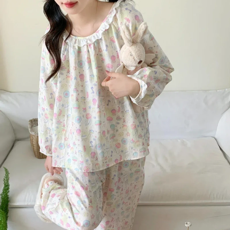 Autumn New Sweet and Cute ins Round Neck Double Layer Gauze Cotton Pajamas Loose Pure Cotton Women's Homewear Set