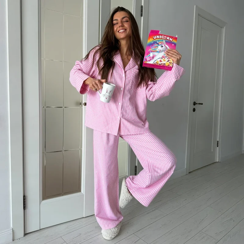 Autumn New Women's 100% Cotton Plaid Loungewear Set European American Cross Border Long Sleeved Pants Pajama Elastic Waist