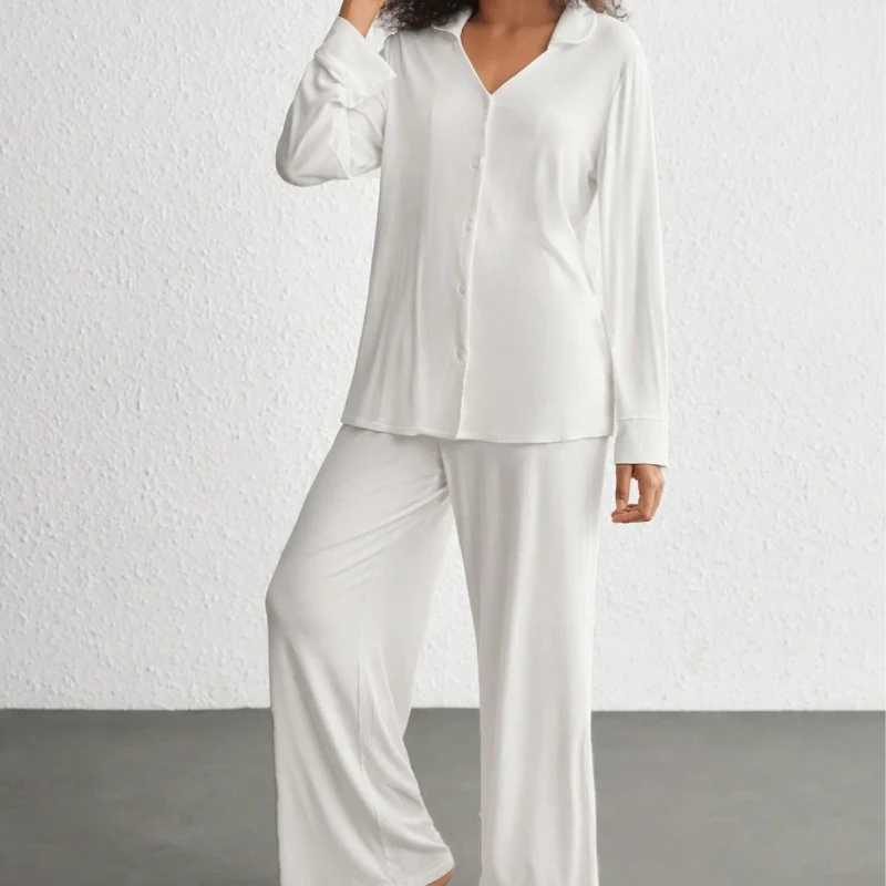 Autumn New Women's Casual Homewear Set Soft Breathable Plain V-neck Long-sleeve Top and Long Pants Polyester Pajamas