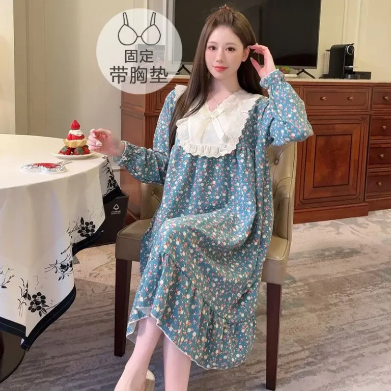 Autumn-Pajamas-for-Women-Cotton-Plus-Size-Flower-Printed-Nightdress-V-Neck-Lace-Trim-Fashionable-Sleeping-Dress