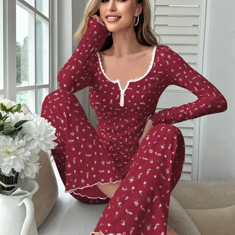 Autumn Soft Breathable Corduroy Printed Multi Color Loungewear Pajama Set