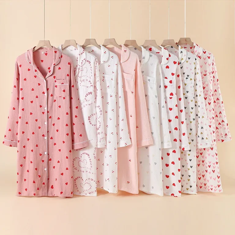 Autumn-Spring-Summer-Womens-Casual-Cotton-Long-Sleeved-Nightdress-Simple-Heart-Printed-Double-Layer-Gauze-Home-Sleepwear
