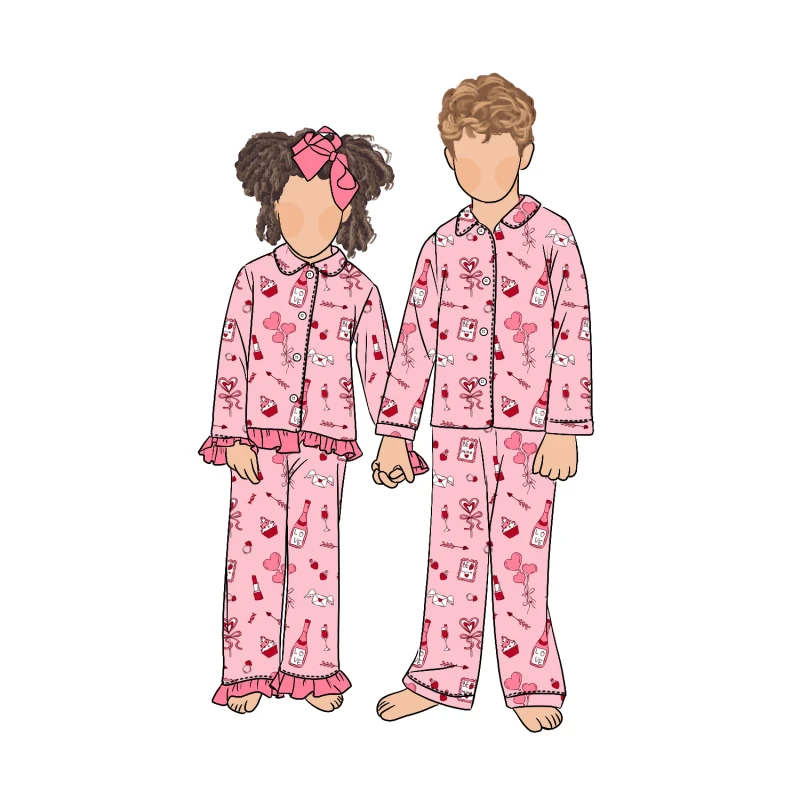 Autumn Winter Boys and Girls Button up Pajamas Sets Round Neck Cute and Comfortable Sleepwear