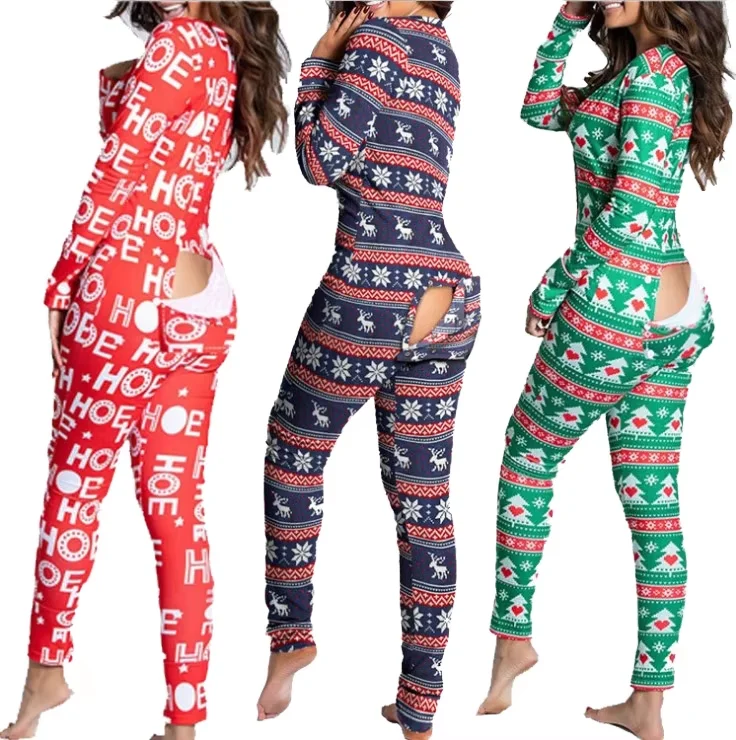 Autumn Winter Button Adult Women Cartoon Christmas Pyjamas Pajamas Printed Long sleeved Onesie Rompers Jumpsuit