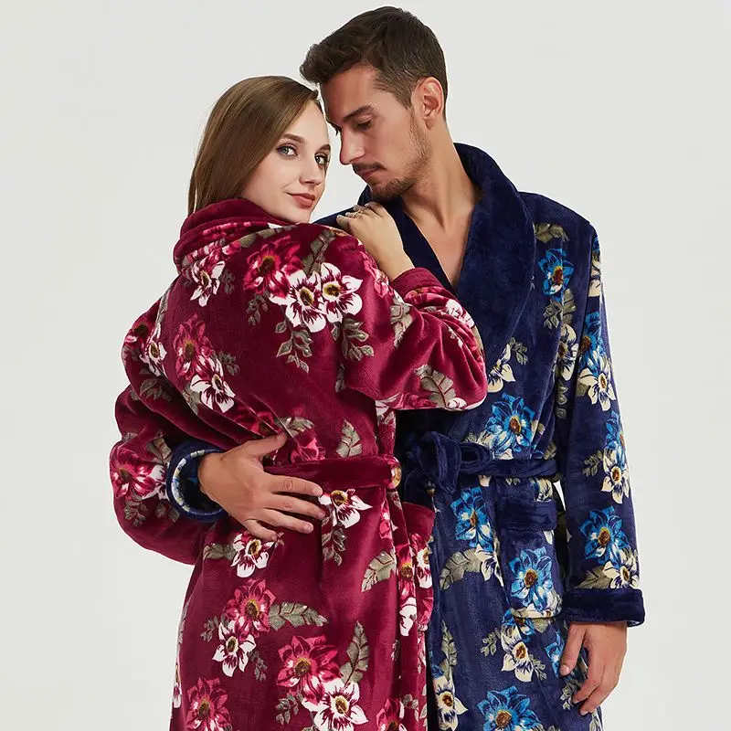 Autumn Winter Flannel Nightgown Men's Women's Long Sleeve Padded Coral Fleece Couple Bathrobe Extended Size Front Logo Quick Dry