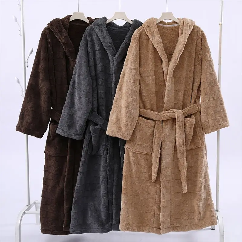 Autumn Winter Fleece Pajamas Plus Size Coral Print Robe Breathable Long Bathrobe for Men