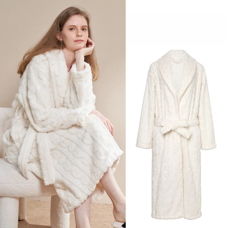Autumn Winter Jacquard Coral Fleece Thickened Warm Velvet Men's Women's Nightgown Pajamas Elastic Waist Breathable Bathrobe
