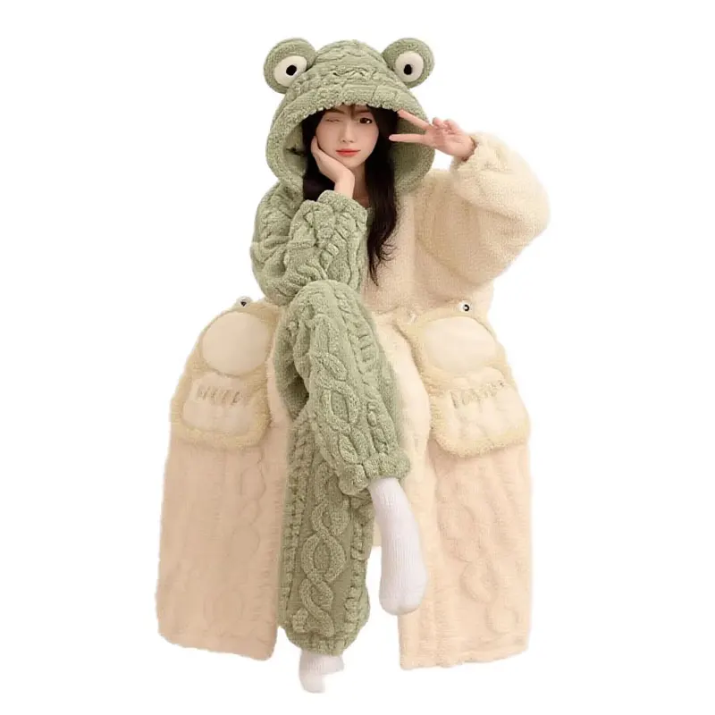 Autumn Winter Sleepwear Women's Girls Soft Coral Fleece Long Sleeved Cartoon Thick Flannel Cute Hooded Robe Ladies Pajamas Set