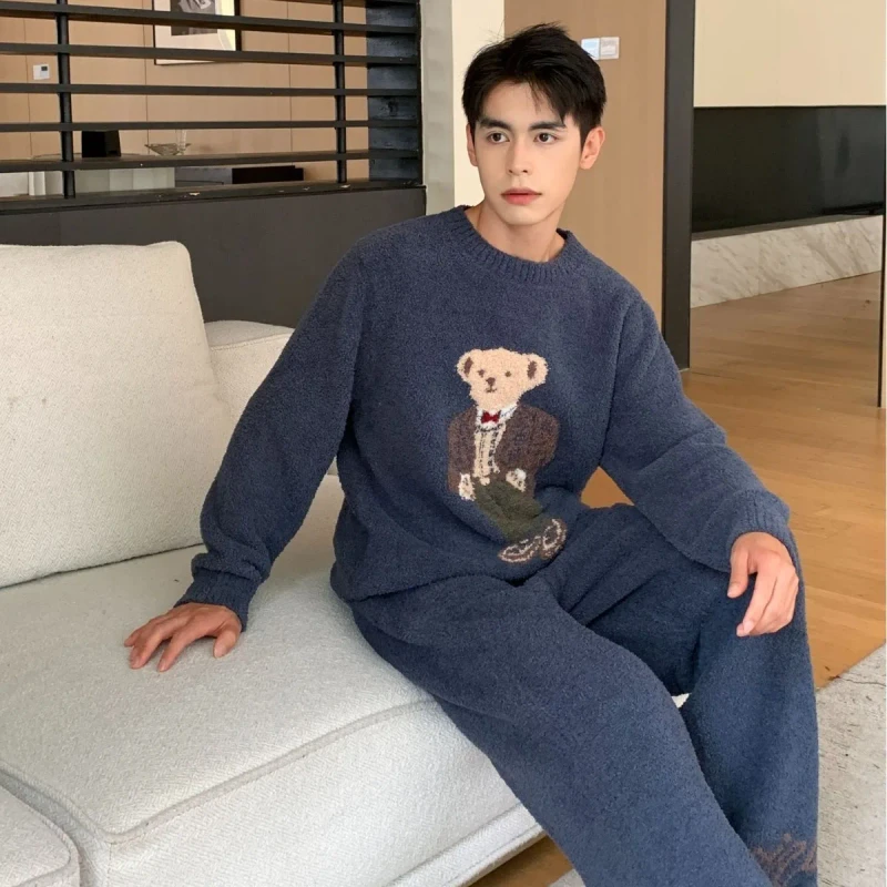 Autumn Winter Soft Cute Cartoon Plaid Bear Knitted Thickened Crewneck Anti-pilling 100% Polyester Pullover Men