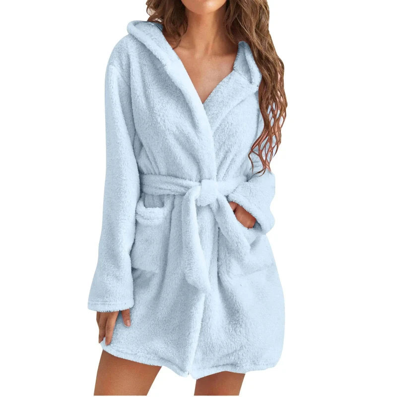 Autumn Winter Soft Pink Fleece Coral Terry Bathrobe Women's Tie Waist Comfortable Homewear Hooded Robe Dress