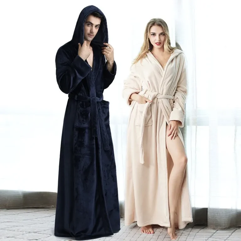 Autumn-Winter-Thickened-Long-Bathrobe-Womens-Winter-Coral-Fleece-Mens-Solid-Hooded-Pajamas-Couples-Flannel-Nightgown