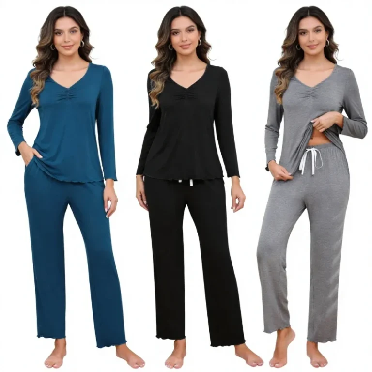 Autumn-Winter-Two-Piece-Set-V-neck-Full-Length-Long-Sleeve-Pants-Modal-Loungewear-Womens-Casual-Pajama-Set