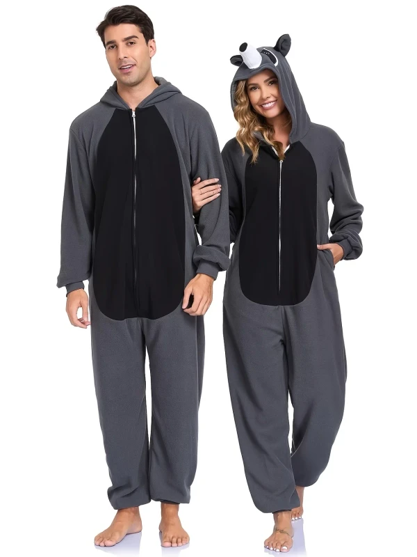 Autumn Winter Unisex Cartoon Animal Onesie Outdoor Home Wear with Hood Long Sleeves Thick Warm Polar Fleece Pajamas