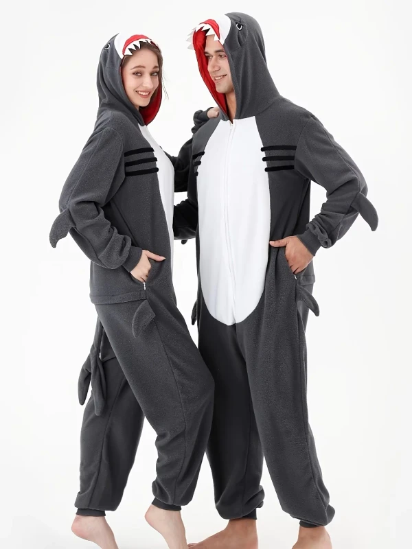 Autumn Winter Unisex Shark Cartoon Animal Onesie Cosplay Party Outdoor Home Wear Hood Long Sleeves Thick Warm Polar Fleece Adult