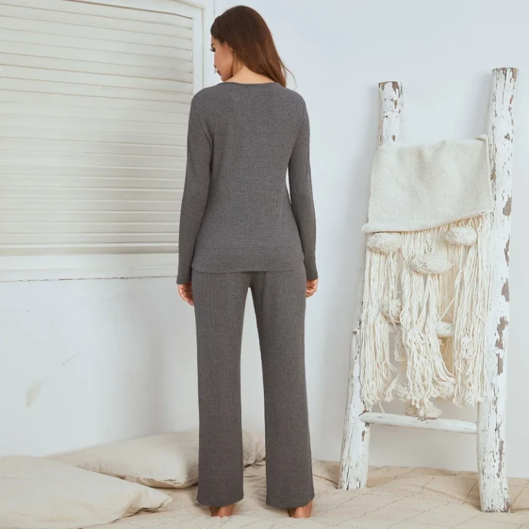 Autumn-Winter-Womens-Casual-Solid-Breathable-Elastic-Waist-Knitted-Home-Pajamas-Set-Long-Sleeve-Full-Length-Front-Logo