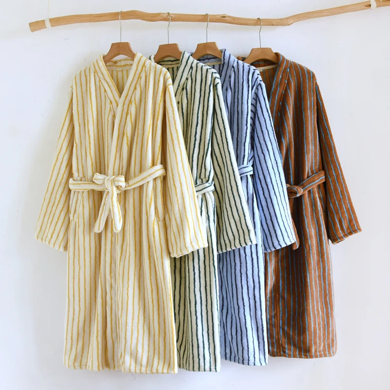 Autumn Winter Women's Coral Fleece Pajamas Long Warm Casual Striped Thickened Loose Flannel Nightgown