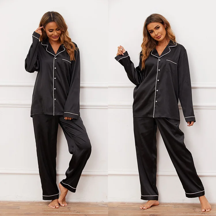 Autumn Winter Women's European American Satin Silk Bamboo Viscose Two Piece Homewear Pajama Set Elastic Waist Long Sleeves Front