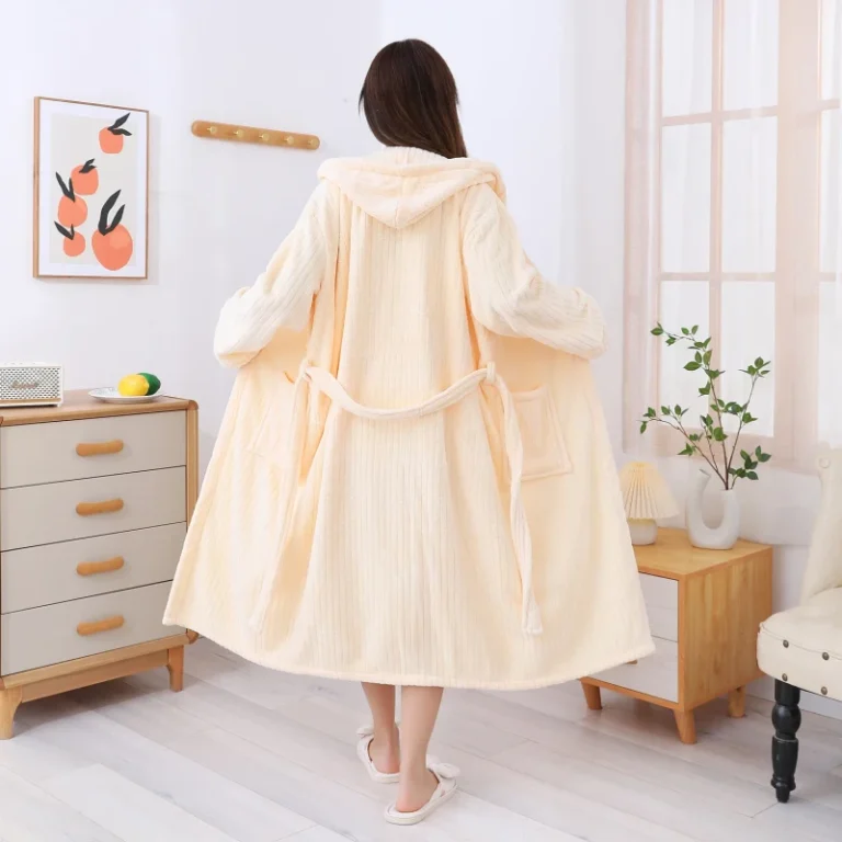 Autumn-Winter-XL-Striped-Hooded-Bathrobe-for-Women-Coral-Velvet-Thickened-Wearable-Bath-Towel-Long-Sleeved-Skirt-Household