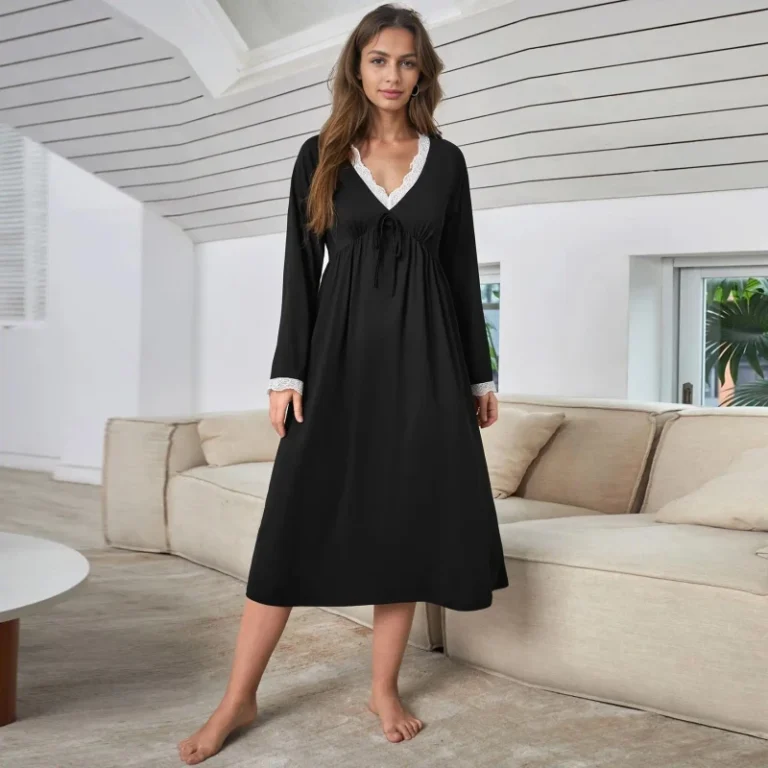 Autumn-Winter-for-Cross-Border-European-American-Womens-Homewear-Breathable-V-neck-Drawstring-Closure-Long-Nightdress