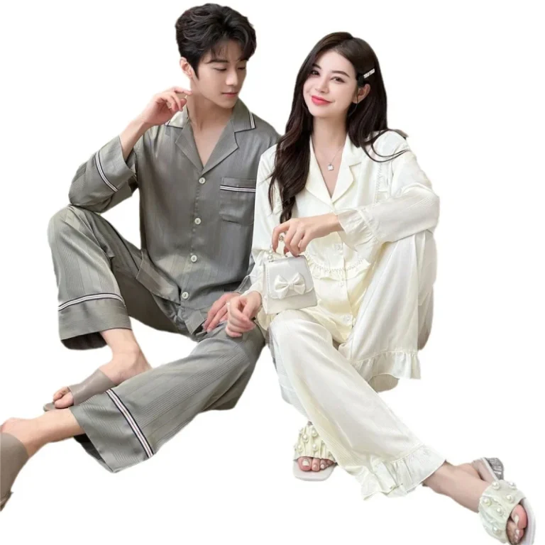 Autumn-Womens-Silk-Sleepwear-Lapel-Couple-Pajamas-Long-Sleeve-Trousers-Solid-Color-Jacquard-Mens-Satin-Plus-Size-Home-Wear