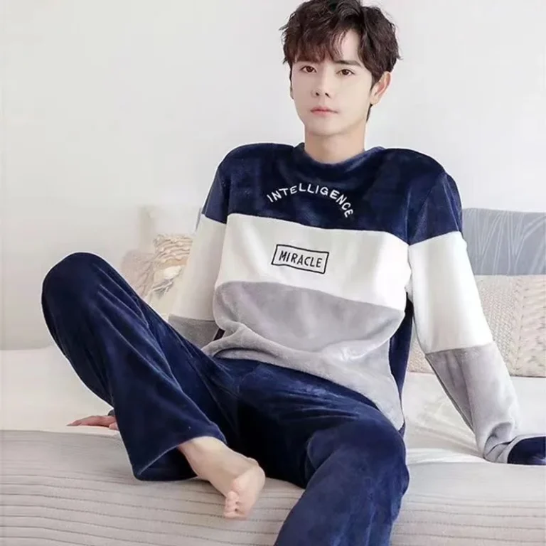 Autumn-and-Winter-Casual-Flannel-Long-Sleeve-Pajamas-Mens-Lapel-Cardigan-Warm-Home-Wear-Set-with-3D-Pattern