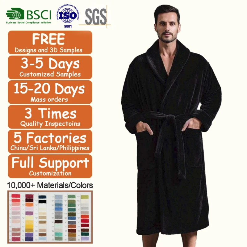 Autumn and Winter Cotton Soft Solid Black Coral Fleece Pajamas Plus Size High Quality Warm Men's Bath Robe