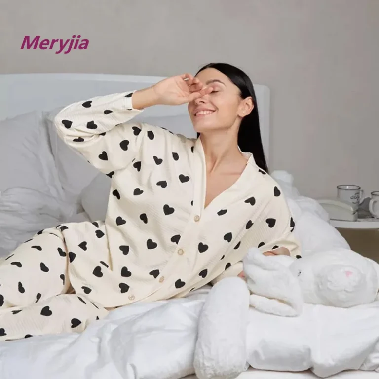 Autumn-and-Winter-Cross-border-Foreign-Trade-Womens-Pajamas-Waffle-Fabric-Imitation-Cotton-Long-sleeved-Long-pants-Heart-P