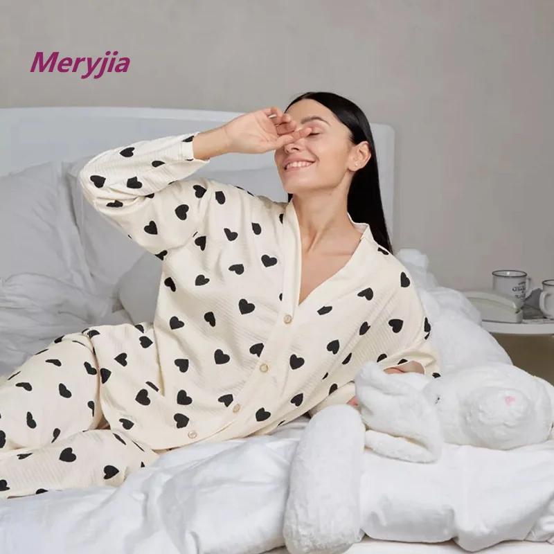 Autumn and Winter Cross-border Foreign Trade Women's Pajamas Waffle Fabric Imitation Cotton Long-sleeved Long-pants Heart P