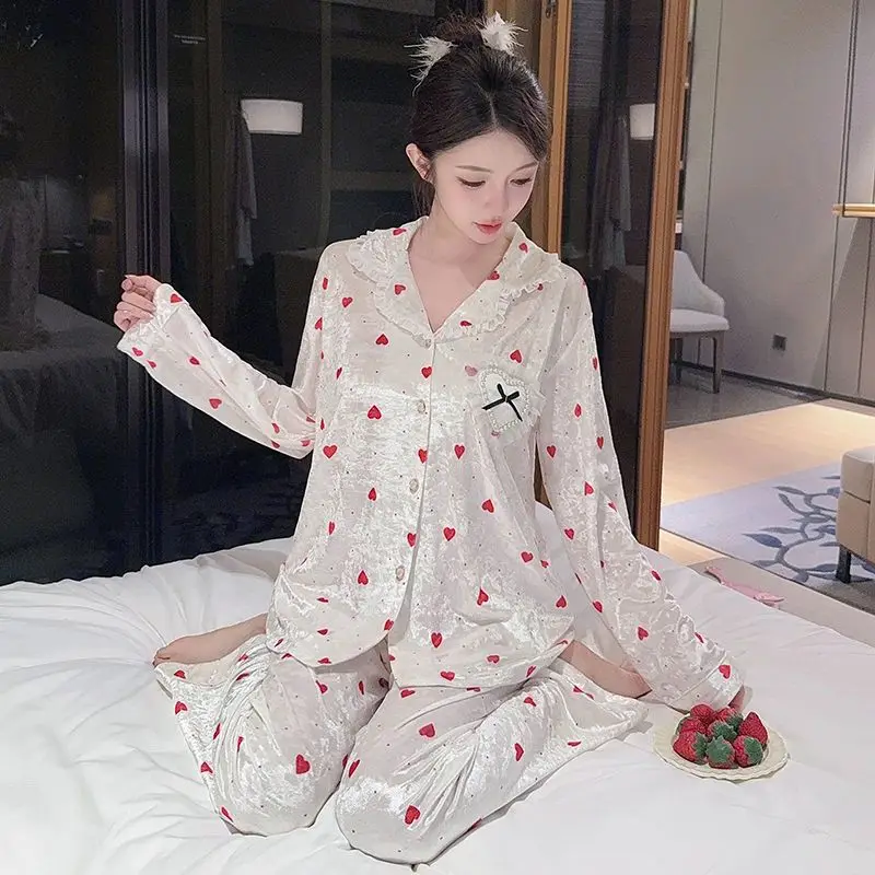 Autumn and Winter Gold Velvet Sleepwear Sweet and Cute Style Women's Cardigans Hearts Printed Pajamas Homewear