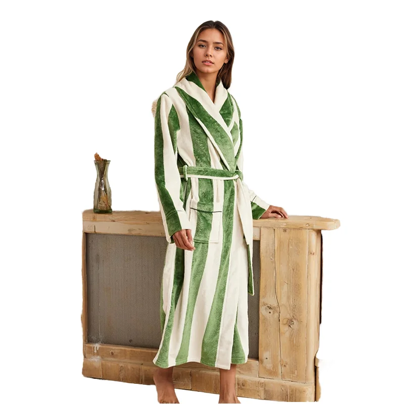 Autumn and Winter New Colorful Green Striped Robe Thickened Warm Bathrobe Women Casual Bathrobe