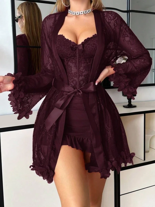 B170 Elegant Sexy Lace Lingerie Set Women Floral Mesh Corset Bustier Nightdress with Ruffled Sleeve Robe 2Pcs Bodycon Gown