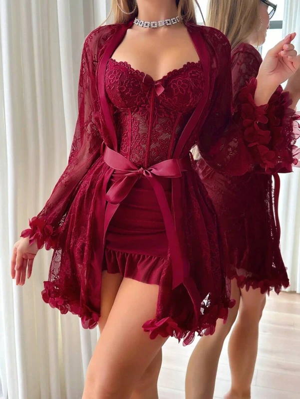 B170 Sexy Bridal Lingerie Set Women Lace Robe and Corset Nightgown for Honeymoon Wedding Night Mesh Seductive Peignoir Gift