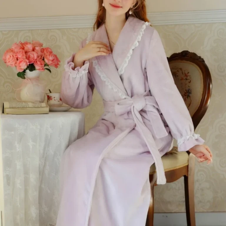 BODHANA-Long-Bathrobe-For-Women-Sexy-Lace-Nightwear-100-Polyester-Flannel-Fleece-Female-Robe-Winter-Bathing-Robe