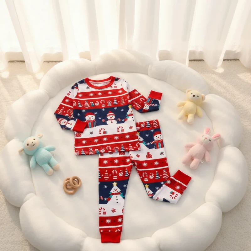 Baby 2 Piece Pajamas Set Bamboo Fiber Snowman Print Long Sleeve Winter Soft Breathable Unisex Sleepwear 0 24 Months